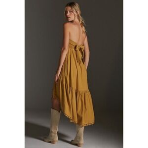 Anthropologie Maeve high low strapless dress XS Mustard gold tiered midi